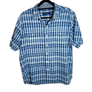 Tommy Bahama Men's Lg Blue and White Cotton Plaid Short Sleeve Button-Up Shirt